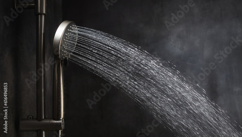 Water flowing from shower head in bathroom with dark black background, simple and modern bathroom interior design.