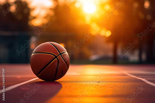 basketball ball resting on a court at sunset