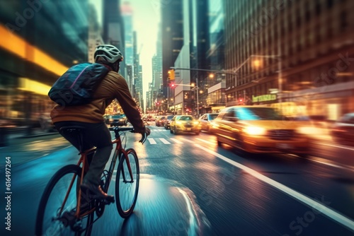 cyclist racing through a bustling city street