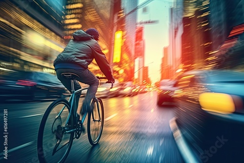 cyclist racing through a bustling city street