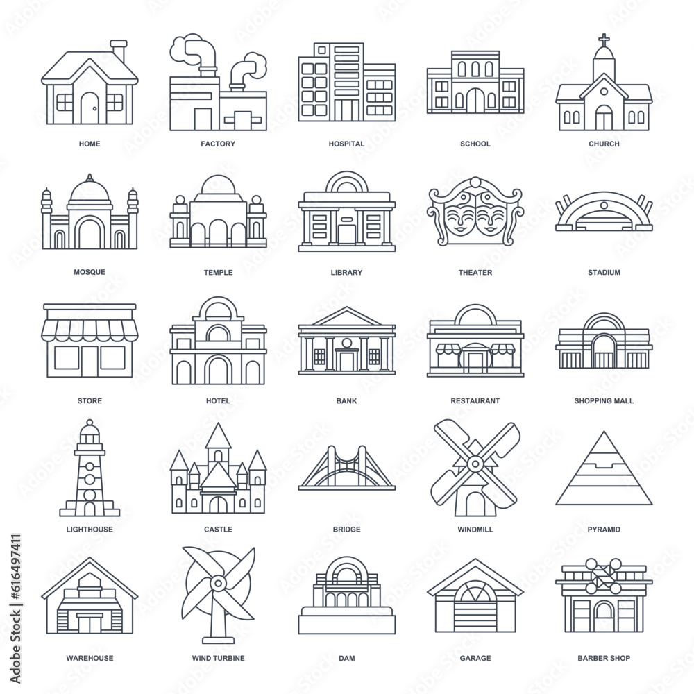 A detailed vector illustration representing diverse building types: home, factory, school, mosque, hospital, and more. Each icon clearly depicts its respective structure