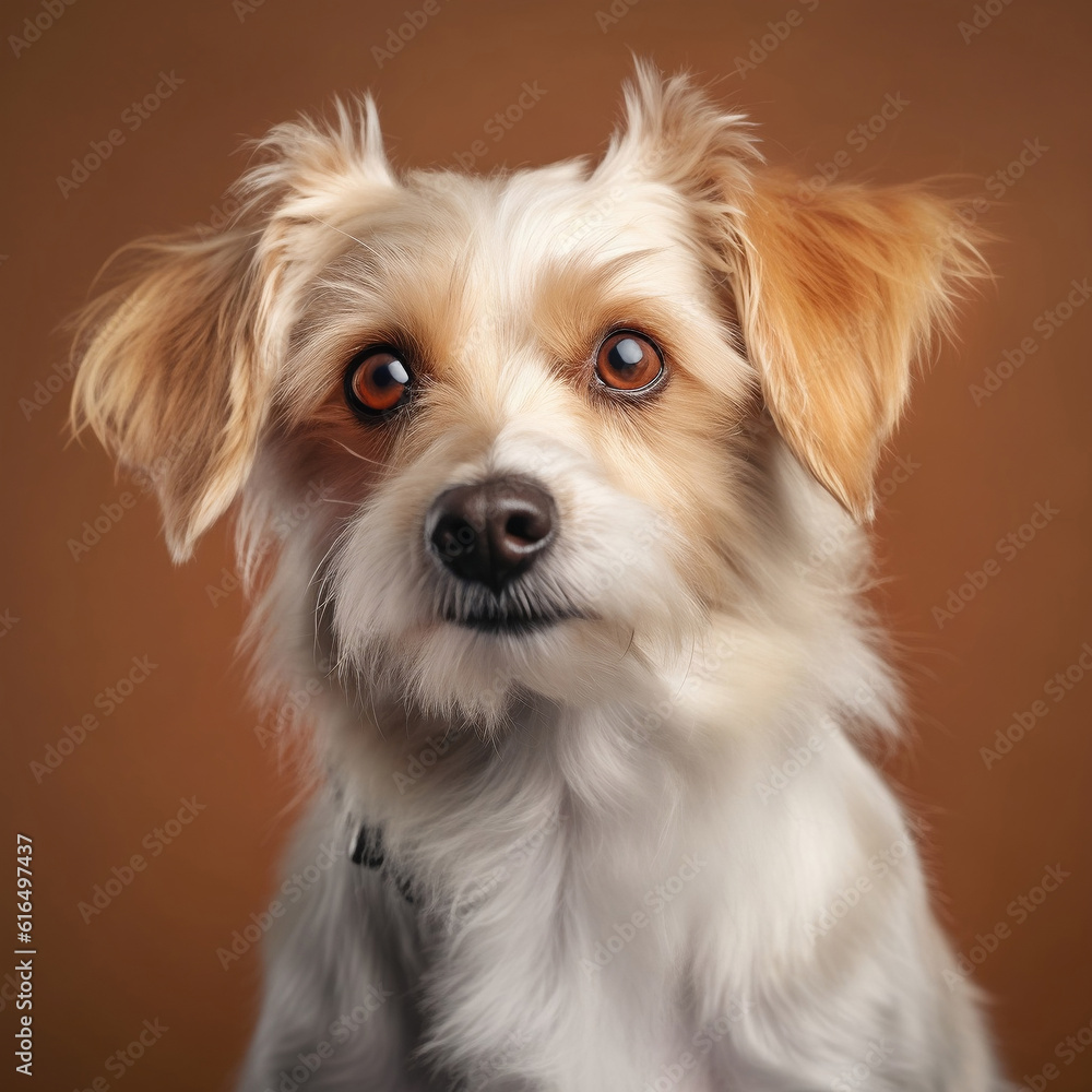 Studio portrait of a small pooch beige dog with a cute face on a brown background. Generative AI