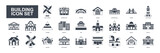 This building set icon vector illustrates various structures like homes, factories, schools, mosques, hospitals, and more, depicted with detailed and clear imagery