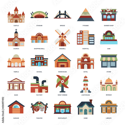 A detailed vector illustration representing diverse building types: home, factory, school, mosque, hospital, and more. Each icon clearly depicts its respective structure
