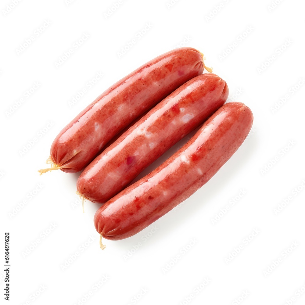 Frankfurters hot dogs meat isolated on white background. Generative AI Frankfurters hot dogs meat isolated on white background. Generative AI