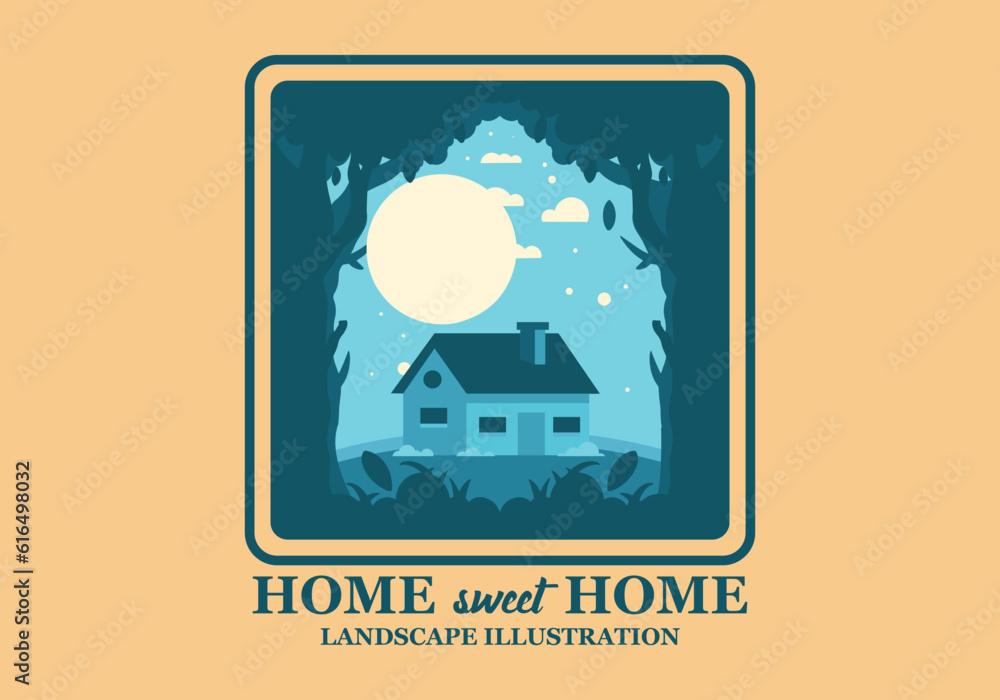 Flat illustration of a house in the jungle in blue color Flat illustration of a house in the jungle in blue color