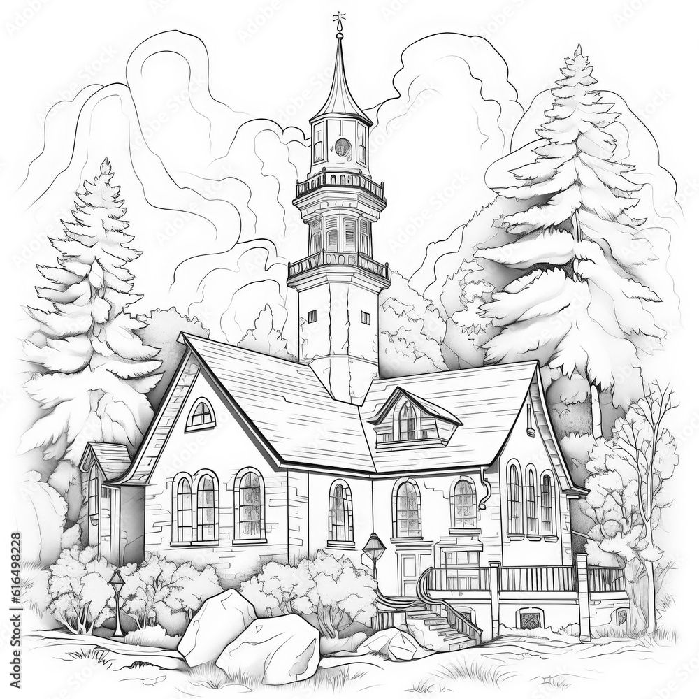 Obraz premium Hand drawn ink drawing of a landscape with a cozy house on the edge of the forest. Sketch of a country house. Antistress coloring book. Generative AI