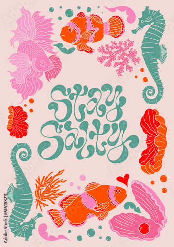 Stay salty - trendy liquid hand written lettering quote. Decorative elements, seahorse, pearl, mollusk, coral, clownfish. Textured linocut style hand drawn ornament.