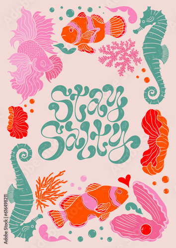 Stay salty - trendy liquid hand written lettering quote. Decorative elements, seahorse, pearl, mollusk, coral, clownfish. Textured linocut style hand drawn ornament.