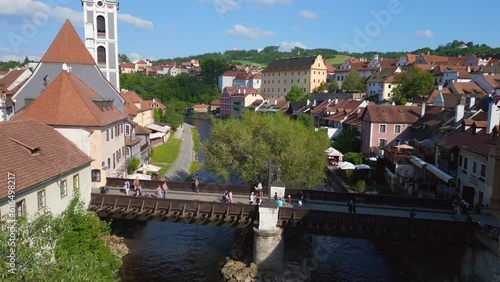 Town Krumlov river moldova Czech church. Amazing aerial top view flight drone photo