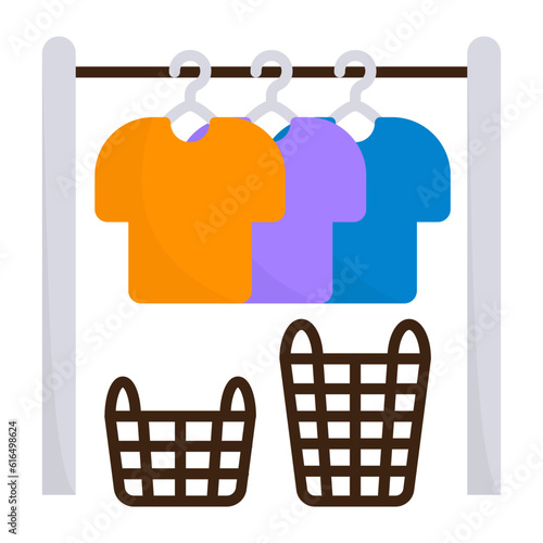 Drying laundry indoors vector icon design, Housekeeping symbol, Office caretaker sign, porter or cleanser equipment stock illustration, clothes line or clothesline with Baskets concept