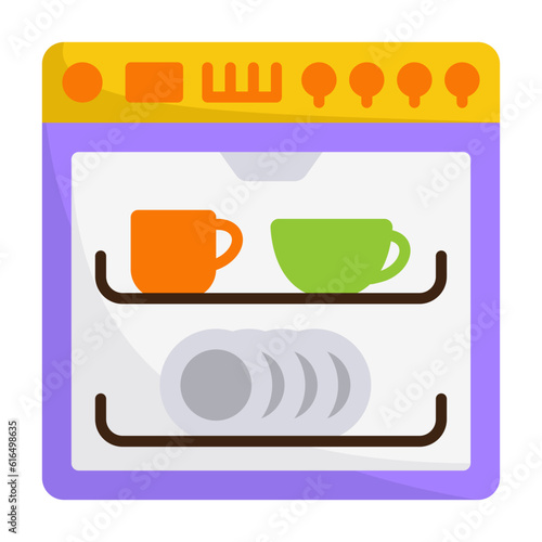 Dishwashing machine vector icon design, Housekeeping symbol, Office caretaker sign, porter or cleanser equipment stock illustration, dishwasher containing clean dishes concept