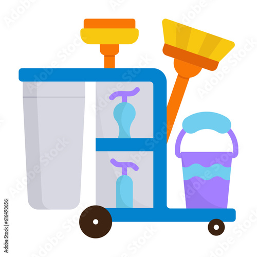 Metal basket on wheels carrying different types of Cleaning Liquids and tools concept vector icon design, Housekeeping symbol, Office caretaker sign, porter or cleanser equipment illustration