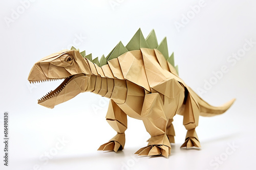 Abstract origami paper art dinosaur isolated on white background, folded paper style animal with polygon shapes. Generative AI. © Aul Zitzke