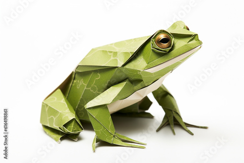 Abstract origami paper art frog isolated on white background, folded paper style animal with polygon shapes. Generative AI. photo