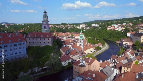 Old Town Krumlov castle church Czech Bohemia. Best aerial top view flight drone photo