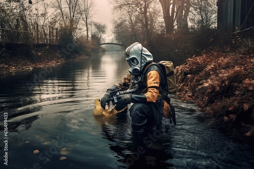scientist researcher in protective suit takes water for analysis from polluted river