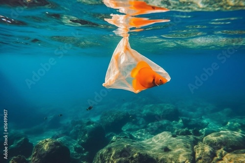 Plastic bags kill, pollution from single use plastic floats over otherwise pristine coral reef, Bunaken, Indonesia Generative AI