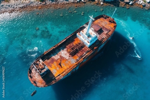 Top view of sinking tanker shot by drone. Inverted tanker wrecked on Black Sea coast of Odessa. Empty tanker leaned to one side and ran aground by during storm with strong wind. Generative AI © Nataliia