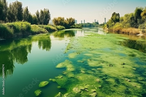 Water pollution by blooming blue-green algae - Cyanobacteria is world environmental problem. Water bodies, rivers and lakes with harmful algal blooms. Ecology concept of polluted nature. Generative AI photo