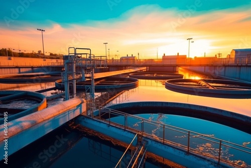 Top aerial view of purification tanks of modern wastewater treatment plant Generative AI