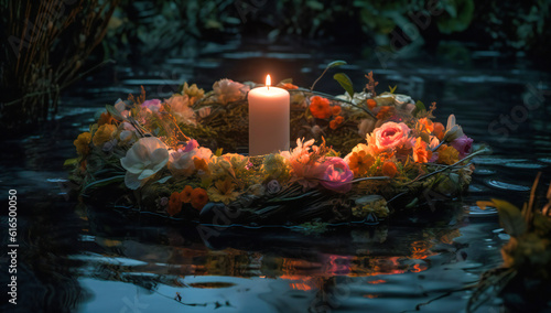 a candle on a floating wreath in water
