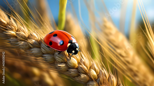 Ladybug sits on a spikelet of wheat, front view.