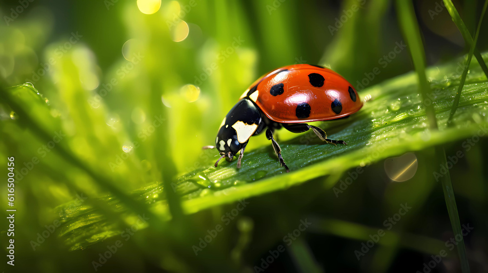 Ladybug sits on grass covered with dew drops, front view. Ladybug sits on grass covered with dew drops, front view.