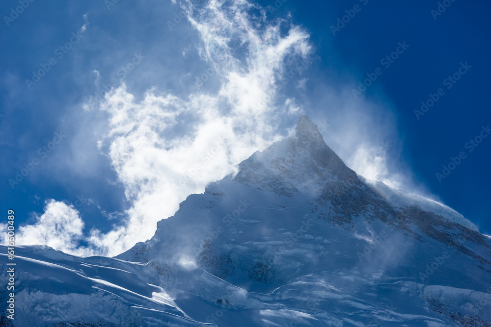 Himalaya scenic mountain landscape against the blue sky. Manaslu mountain	