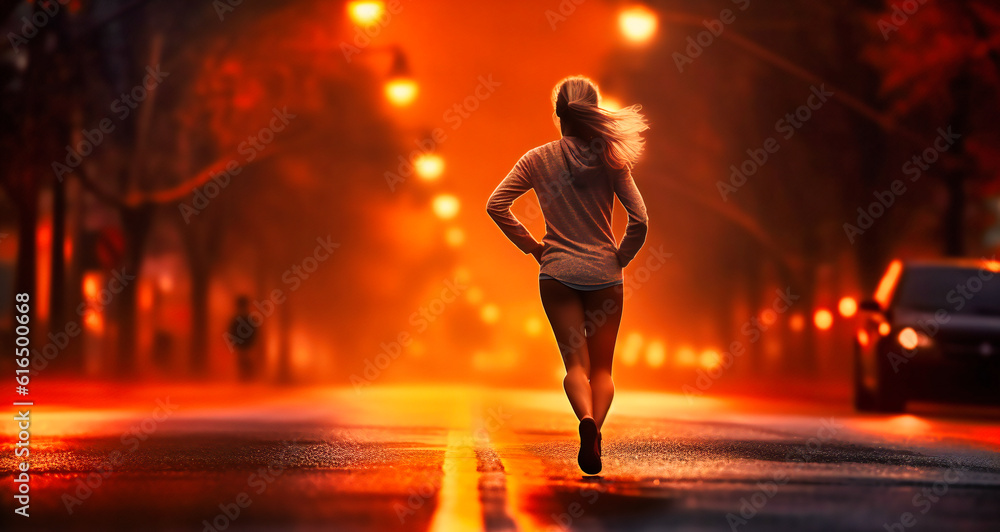 a woman in running shoes is running down the road in the dark