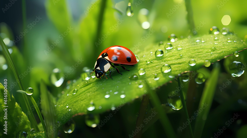Ladybug sits on grass covered with dew drops, front view. Ladybug sits on grass covered with dew drops, front view.