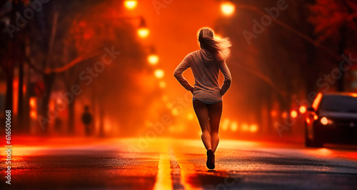 a woman in running shoes is running down the road in the dark