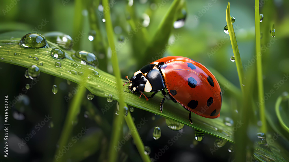 Fototapeta premium Ladybug sits on grass covered with dew drops, front view.