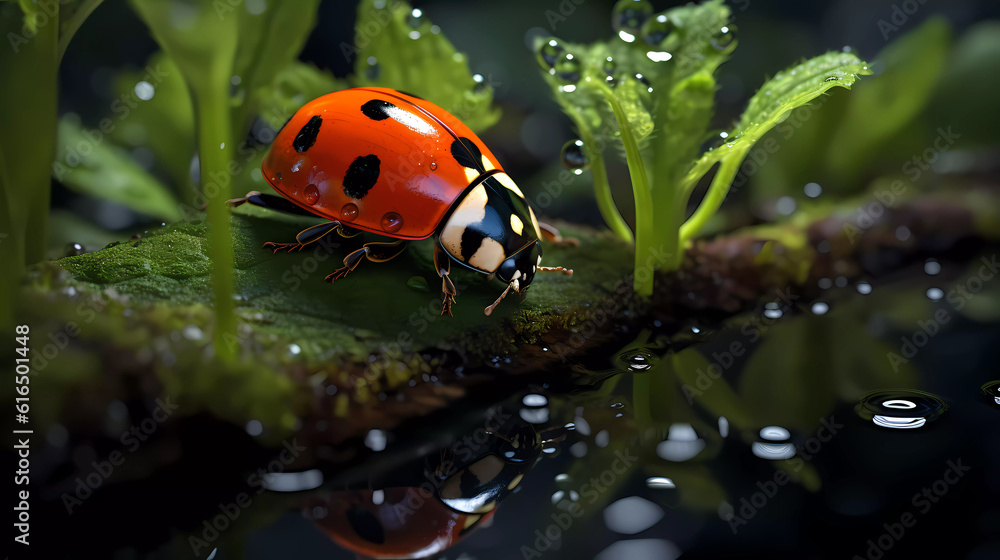 Ladybug sits on grass covered with dew drops, front view.