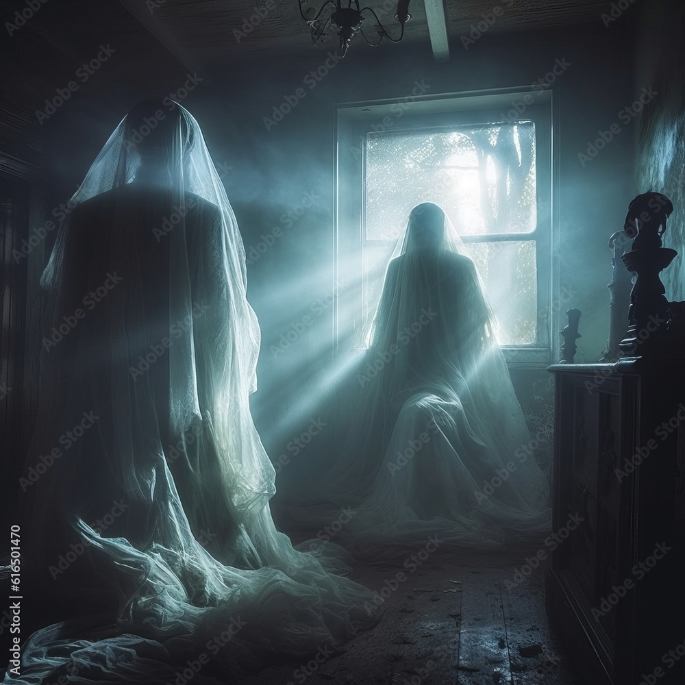 ghosts in a window of a haunted house at night in foggy weather ghosts in a window of a haunted house at night in foggy weather