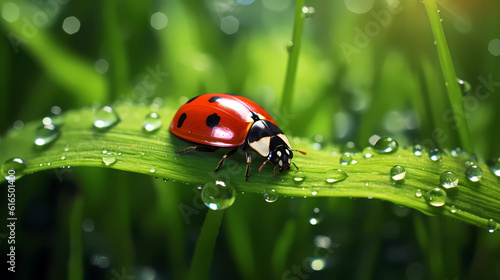 Ladybug sits on grass covered with dew drops, front view.