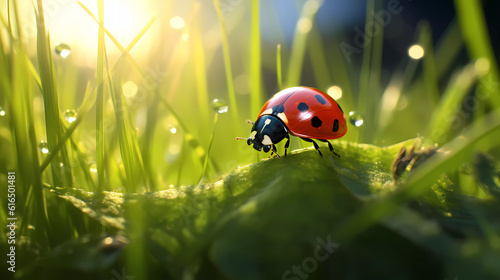 Ladybug sits on grass covered with dew drops, front view.