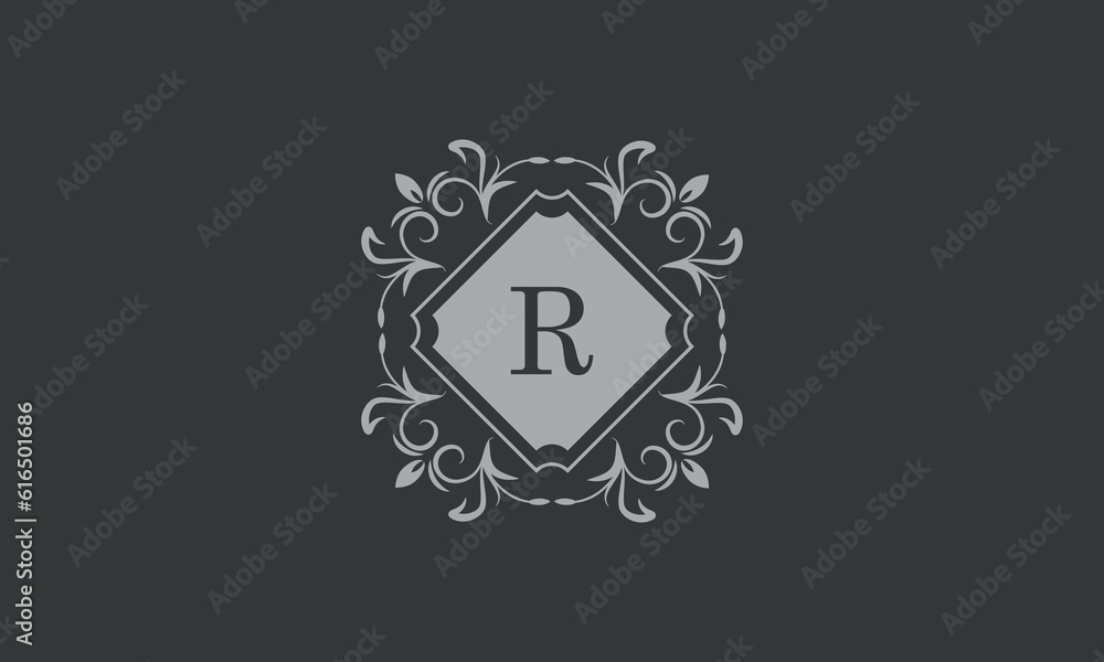 Floral frame with calligraphic elements, letter R. Template for signs, logos, labels, stickers, cards. Graphic design of the page, business. Floral frame with calligraphic elements, letter R. Template for signs, logos, labels, stickers, cards. Graphic design of the page, business.