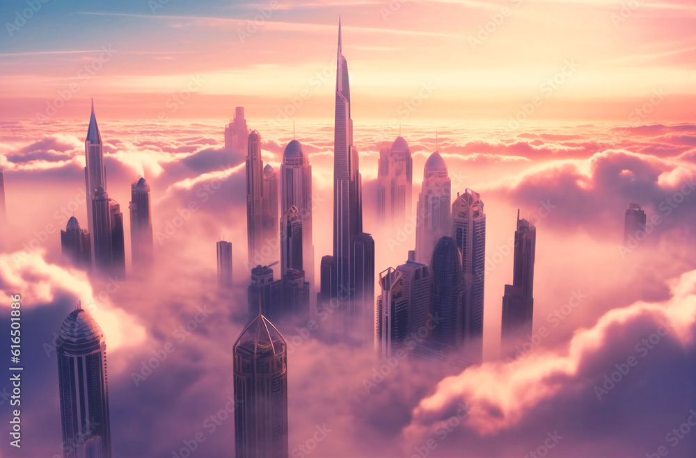 a view of the skyscrapers of dubai shown in fog