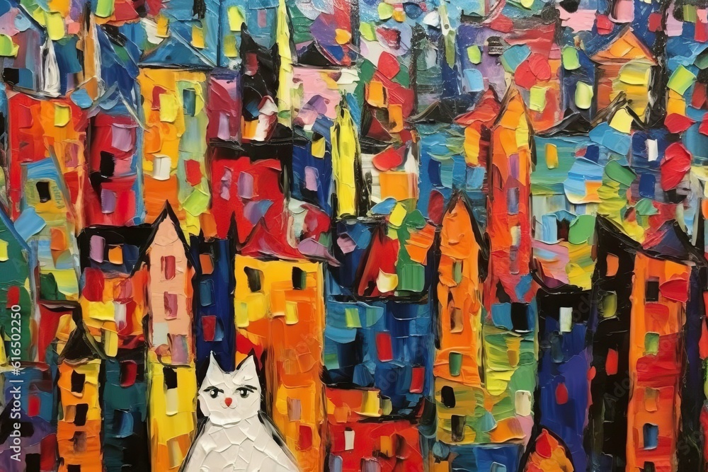 Fototapeta premium City town landscape art, thick impasto painting