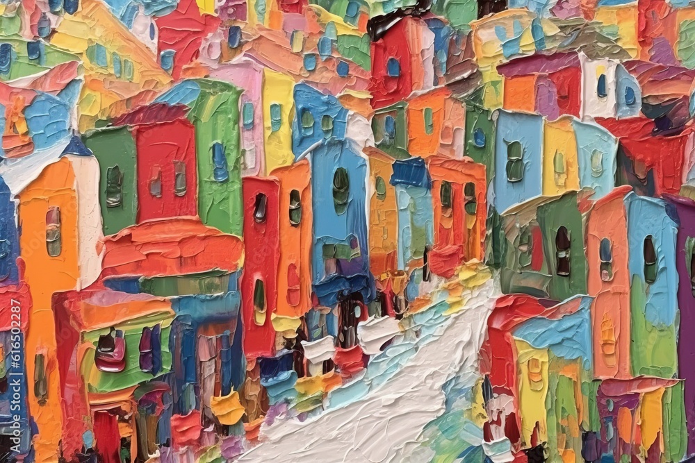 Fototapeta premium City town landscape art, thick impasto painting