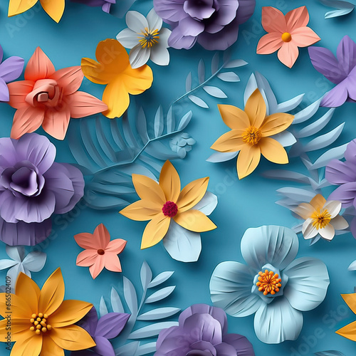 Flowers colorful collage 3d seamless repeat pattern 