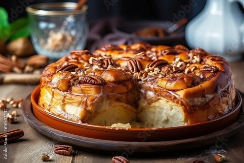 Cinnamon Buns Glistening with Rich Icing and Topped with Crunchy Pecans, a Tempting Image of Irresistible Bakery Delights Perfect for Food Enthusiasts and Dessert Lovers photo
