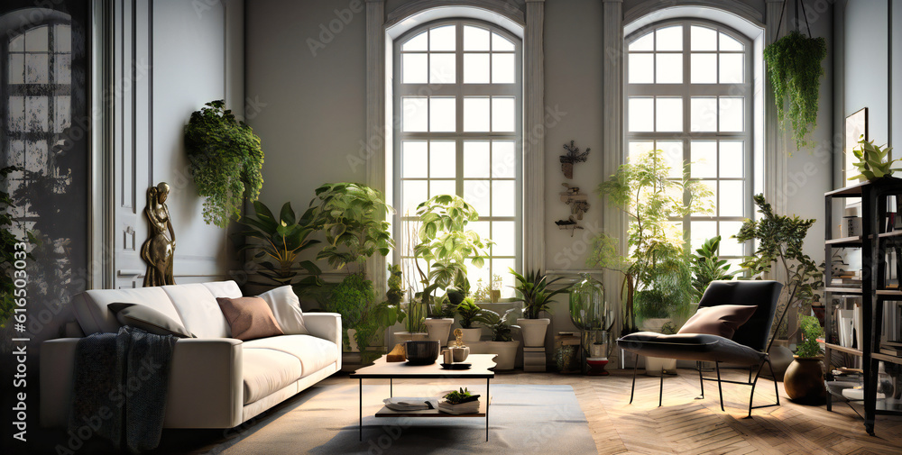 white living room with black furniture and some plants