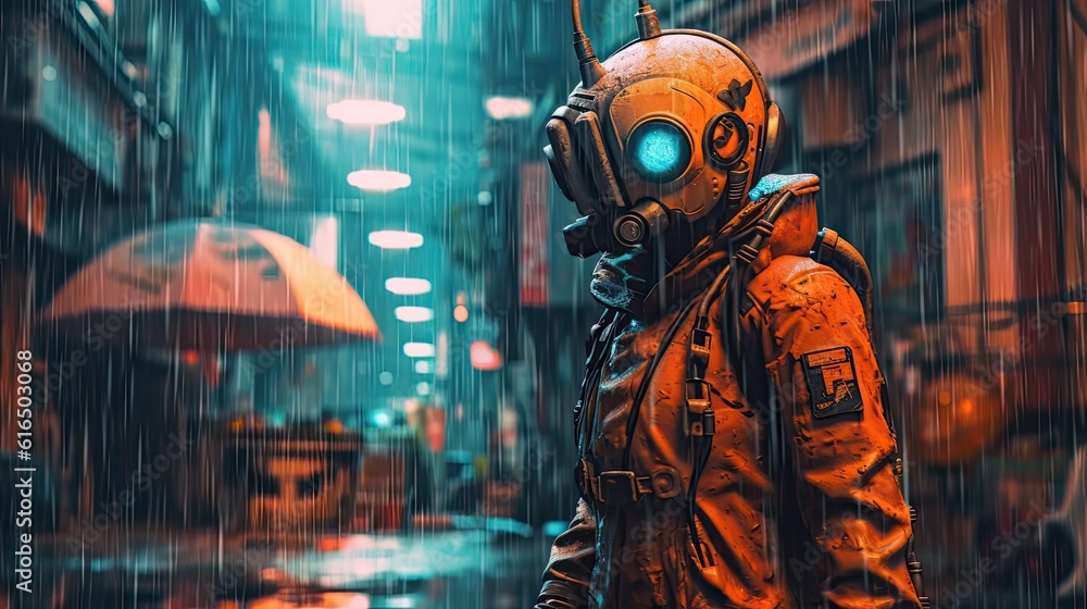 Terminator Appearing Lonely cyborg android humanoid with glowing eyes in futuristic city ...