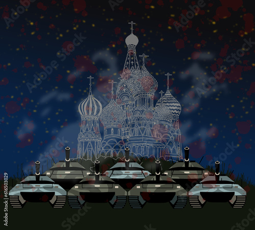 Photography row of tanks in front of the kremlin with blood in the foreground, against a mid