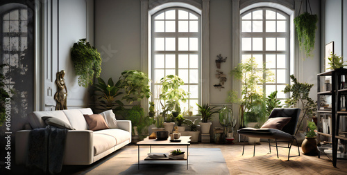 white living room with black furniture and some plants