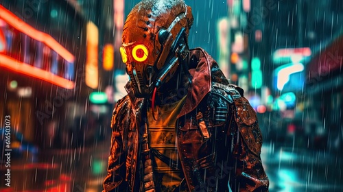 Lonely cyborg android humanoid with glowing eyes in futuristic city. 