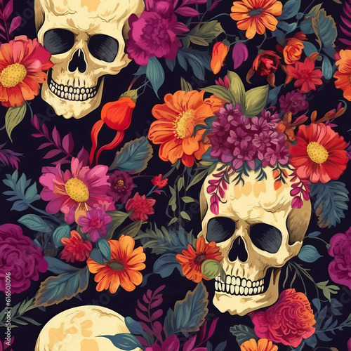 Skull and flowers colorful seamless repeat pattern 