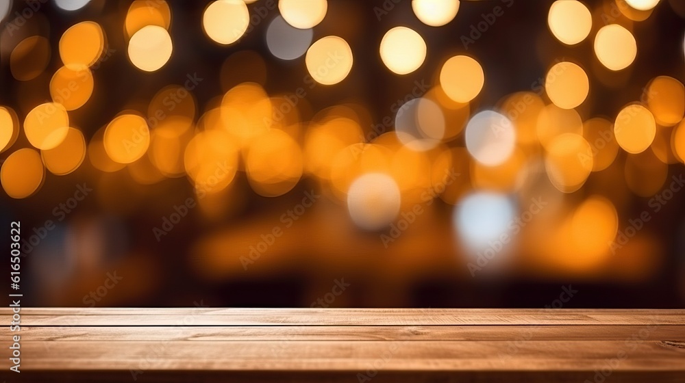 Empty wood table and blurred booked cafe (Ai generated)